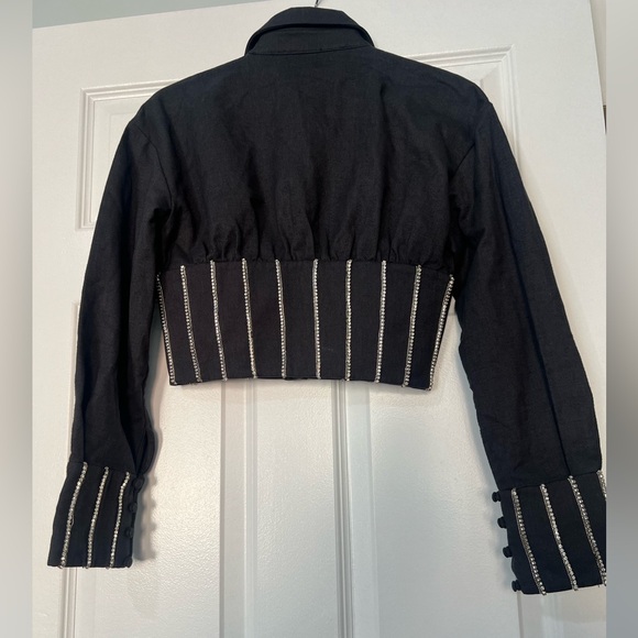 FILKK. ANTHRACITE HERRINGBONE RHINESTONE CORSET CROPPED JACKET - Picture 9 of 9